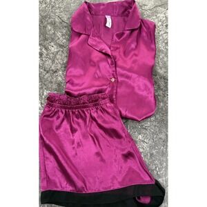 Lilac + London Womens Satin Shirt Shorts  Button Pajama Set Fuchsia Sz L